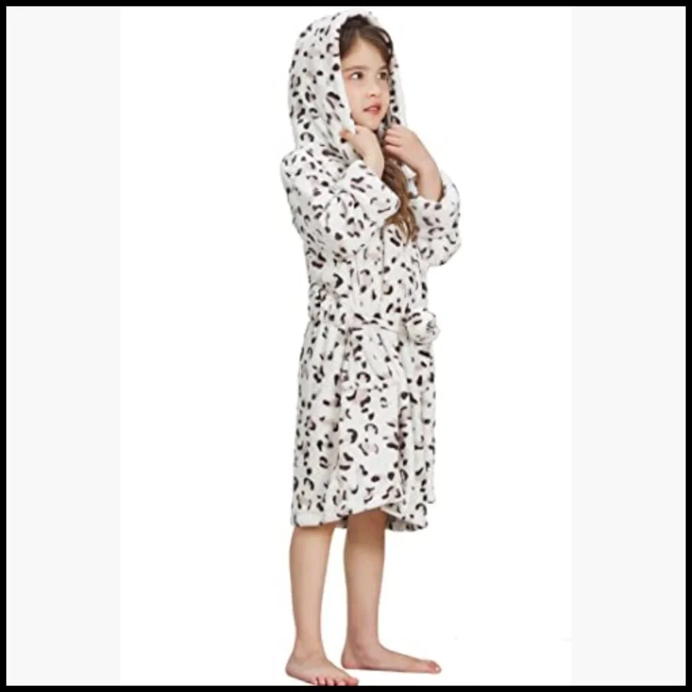 Flannel Hooded Bathrobe for Kids Soft Fleece Pajamas Dressing Gown
